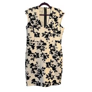 Fifth & Park Career Dress Sz 12 Black & White Velvet Flowers V-neck Sleeveless